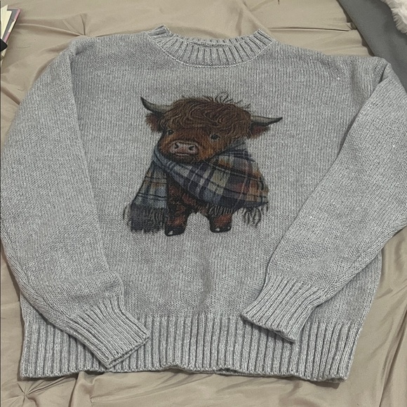 Sweaters - Gray Sweater with Highland Cow Design